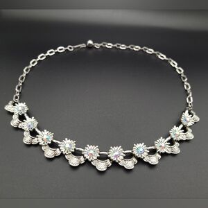 Coro Signed Silver Floral Choker Necklace with Irridescent Blue Crystals